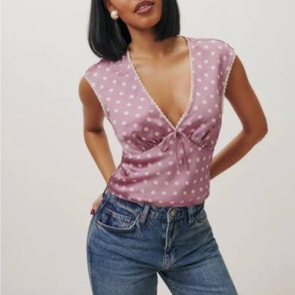 Reformation cherry top in lilac dot print